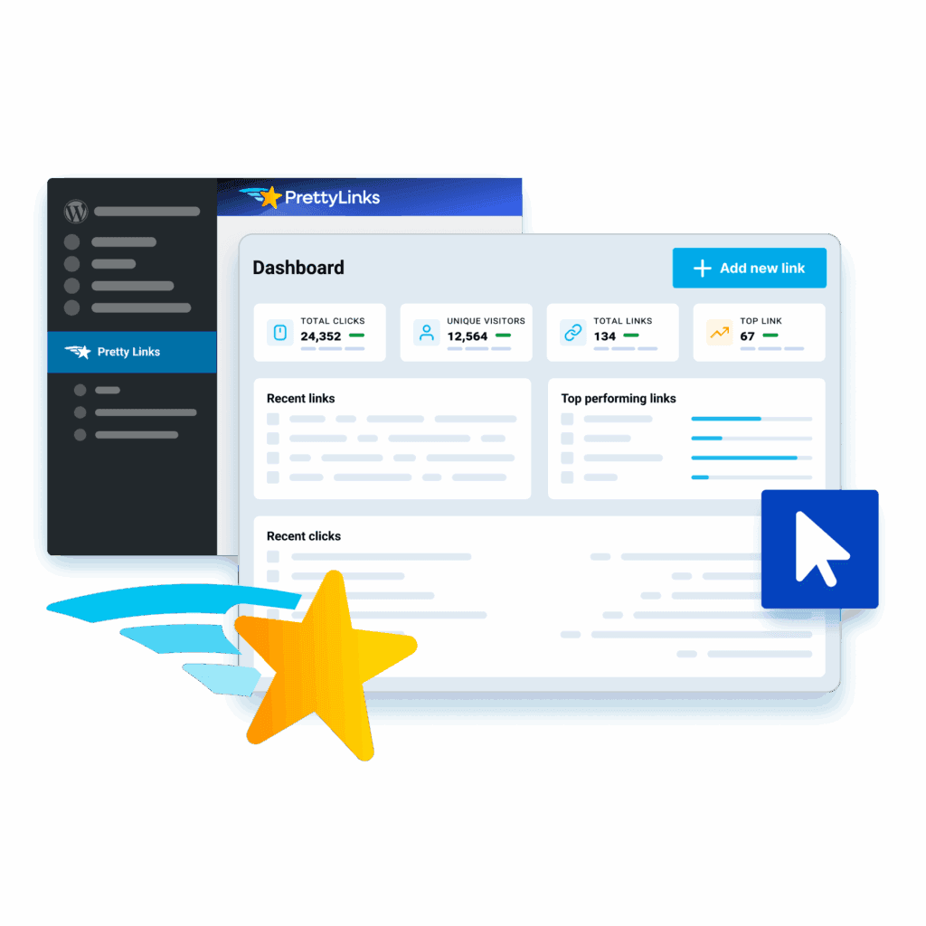 Illustration of a dark left sidebar and blue header dashboard, overlapped by a light dashboard panel with an 'Add' area and colorful stars around.