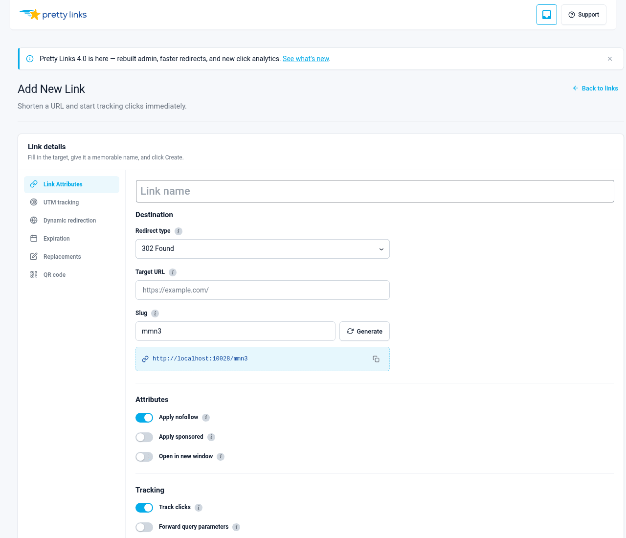 Pretty Links Add New Link form