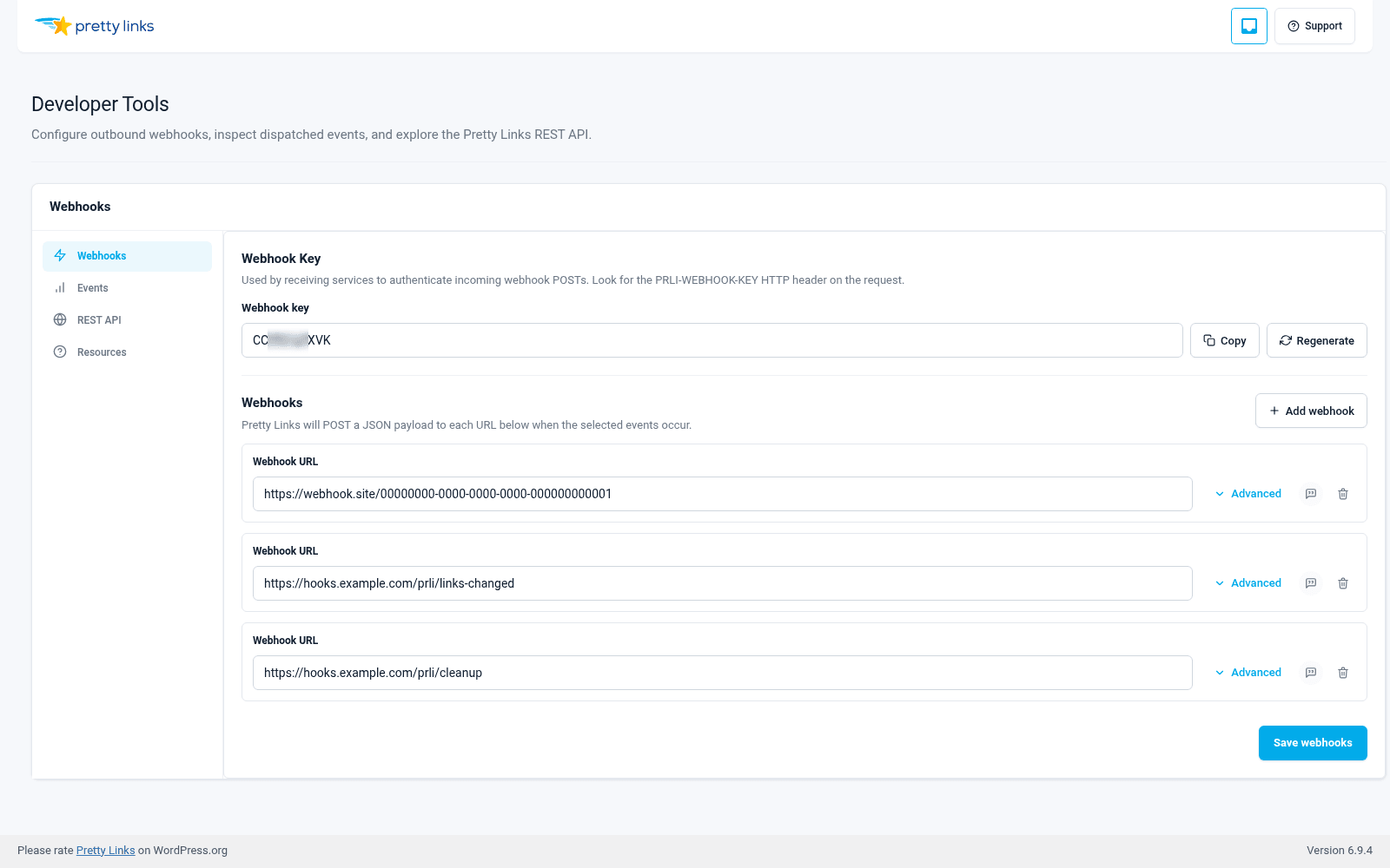 Ferramentas para desenvolvedores do Pretty Links — Chaves de API e webhooks