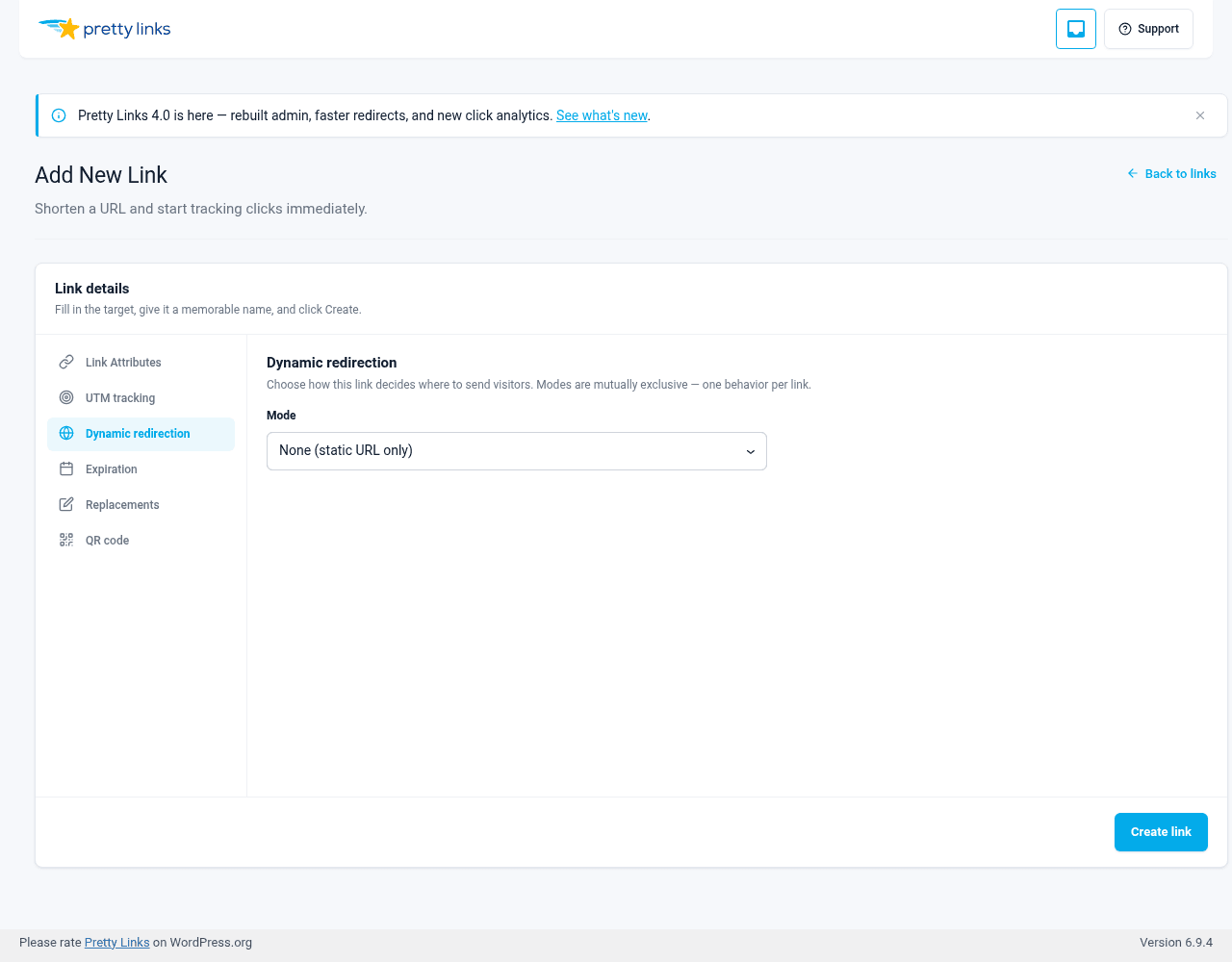 Link editor — Dynamic redirection tab