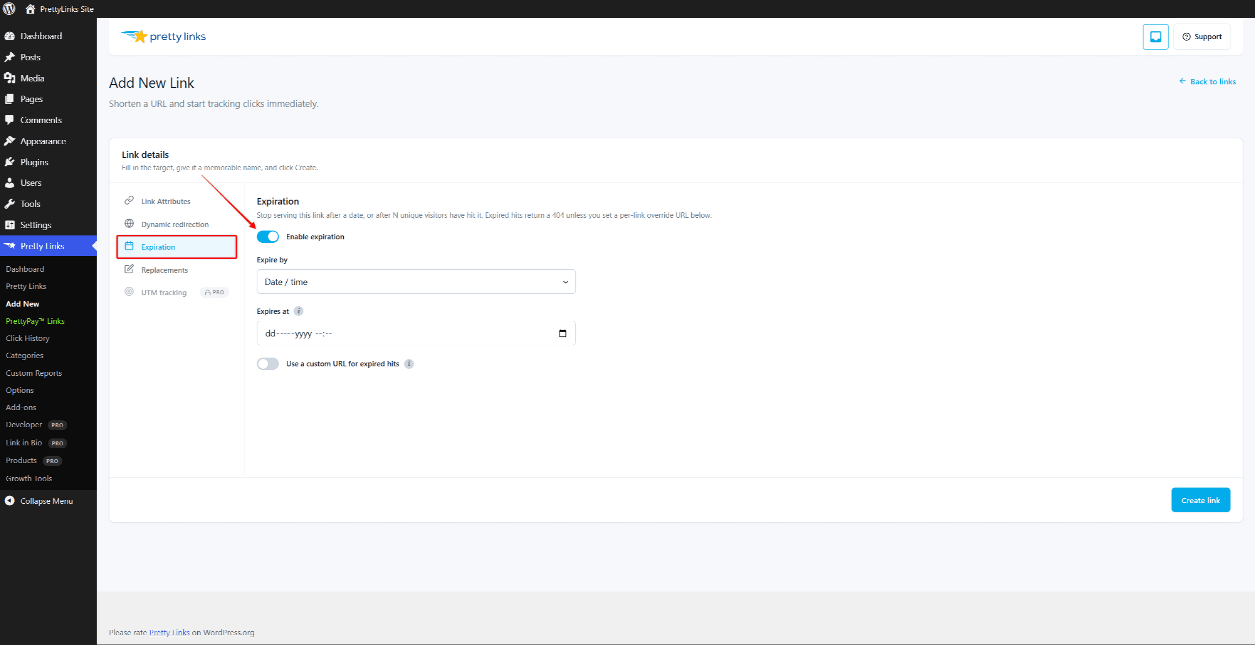 Link editor — Expiration tab