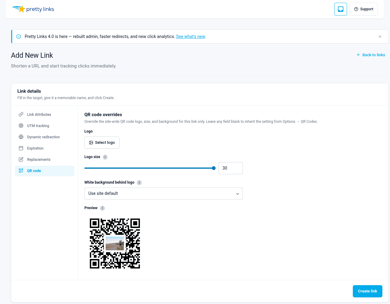 Link editor — QR code tab