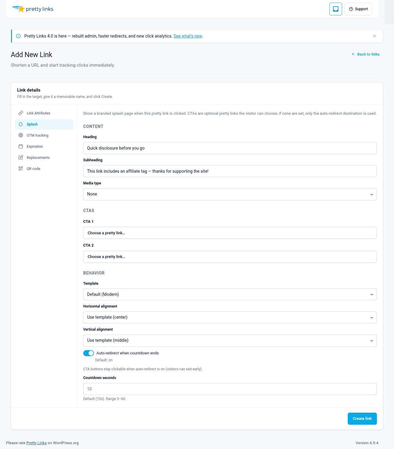 Splash tab in link editor with heading and subheading filled in