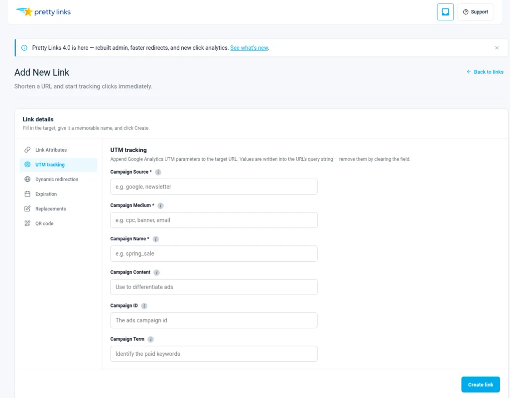 Pretty Links : page « Ajouter un nouveau lien » dotée d'un menu de navigation à gauche et d'un formulaire de suivi UTM dans le panneau latéral droit, le tout dans une interface d'administration épurée.