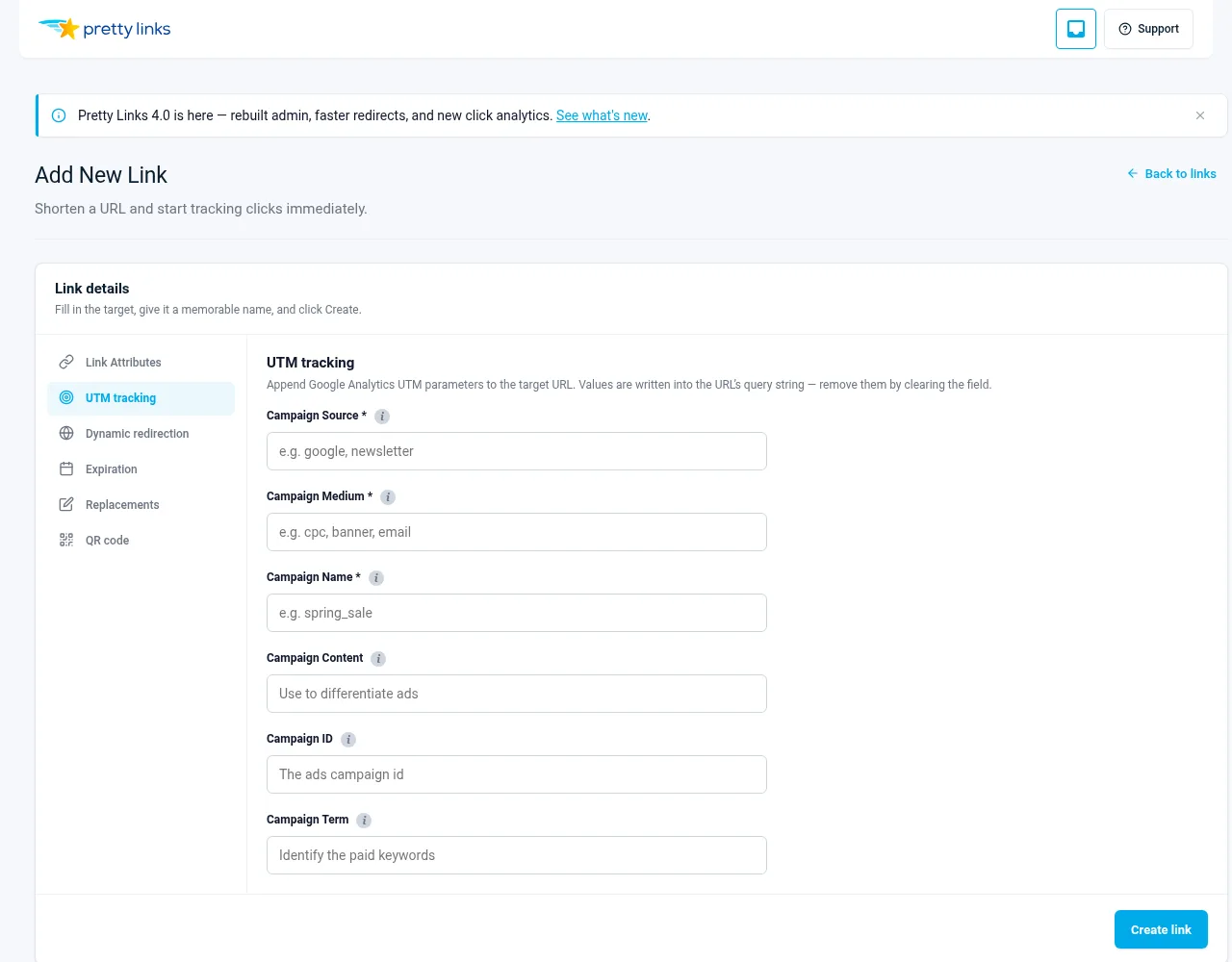 Link editor — UTM tracking tab