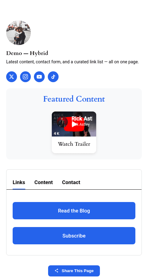 Link in Bio Hybrid template frontend with content sections