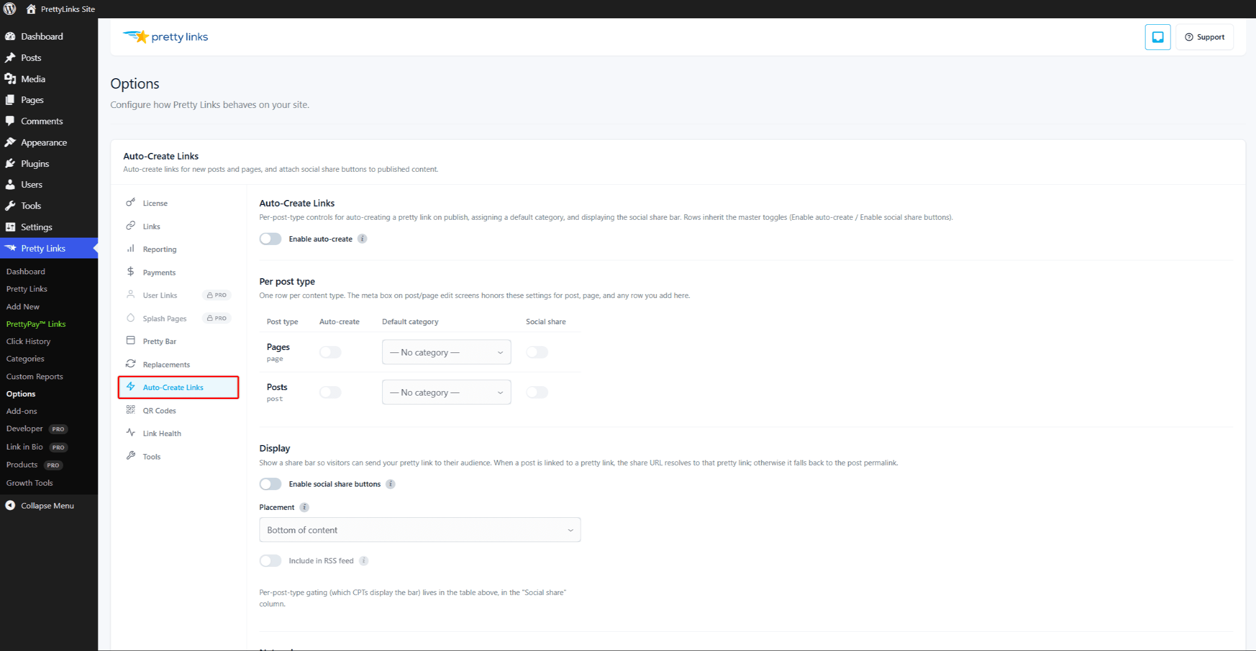 Pretty Links Options — Auto-Create Links tab