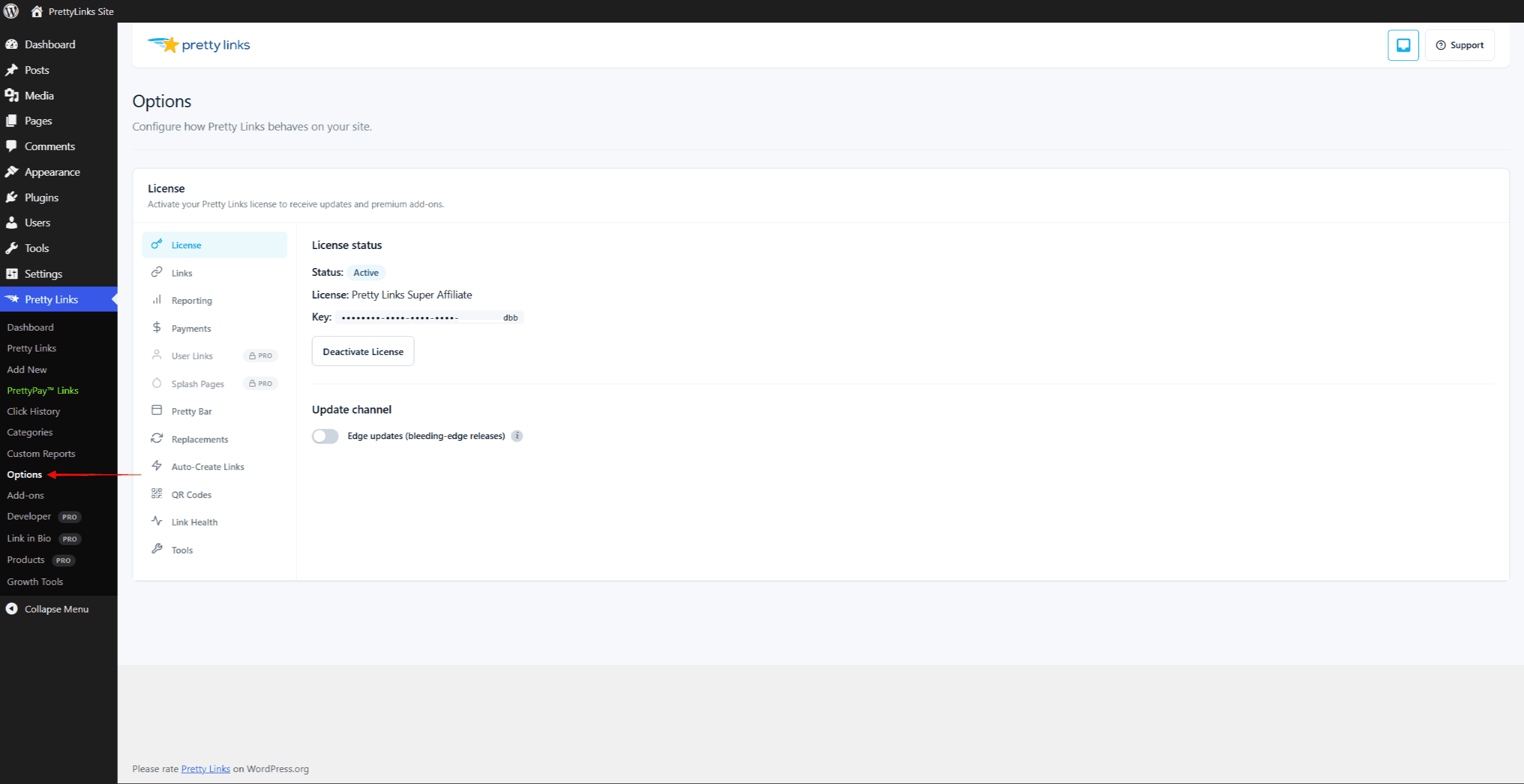 Pretty Links Options — License tab
