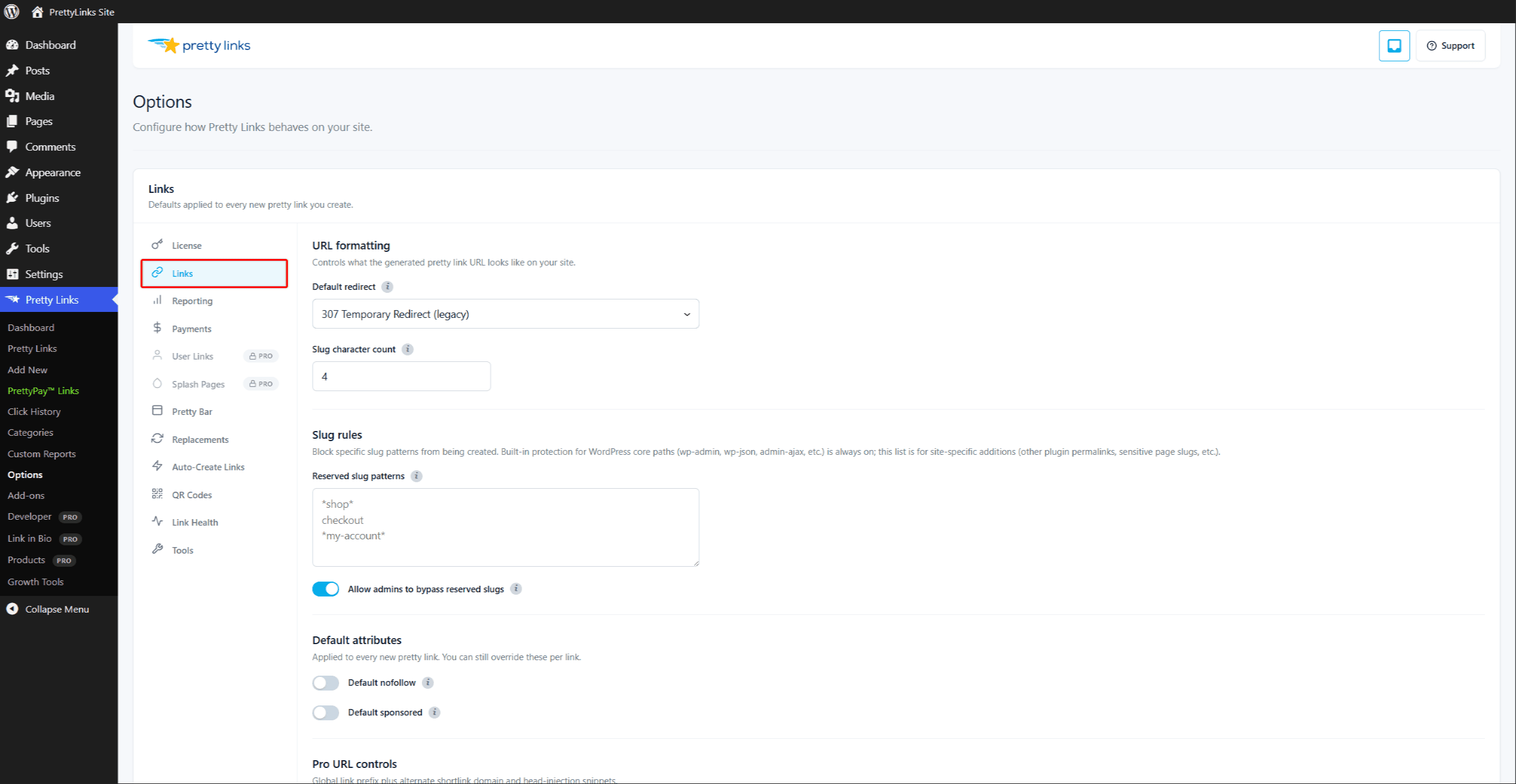 Pretty Links Options — Links tab