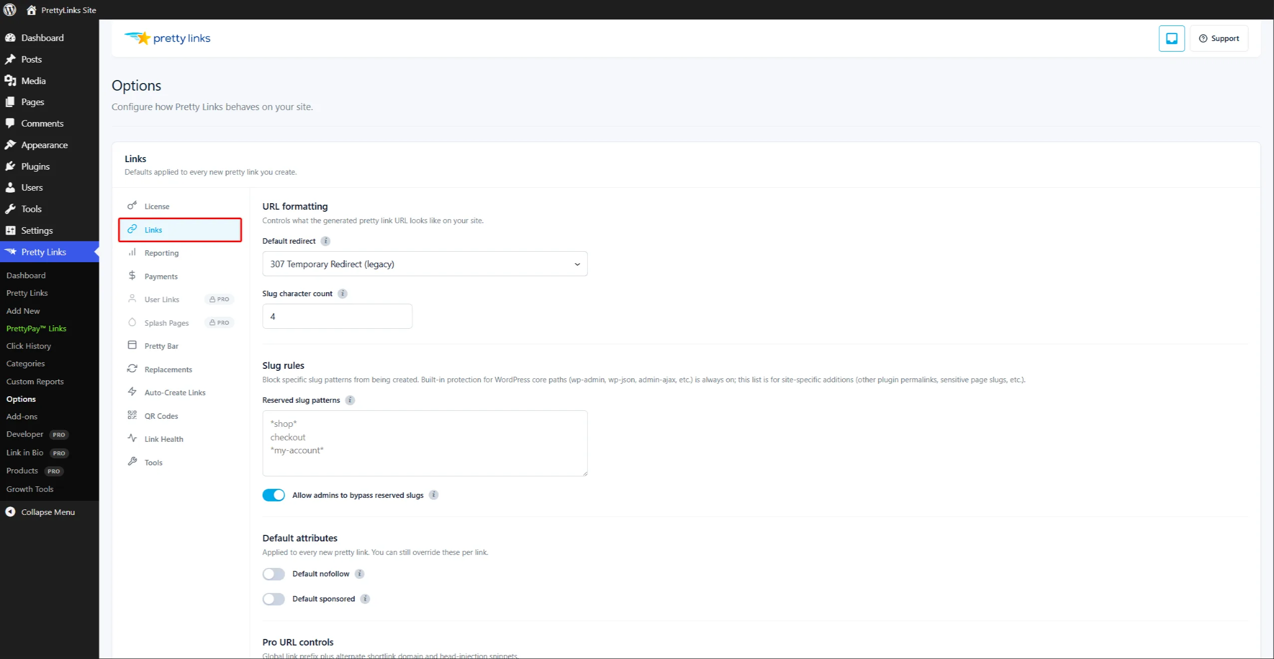 Pretty Links Options — Links tab