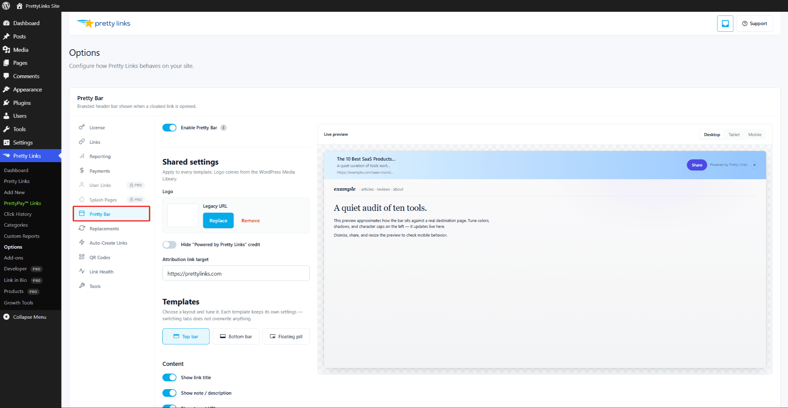 Pretty Links Options — Pretty Bar tab