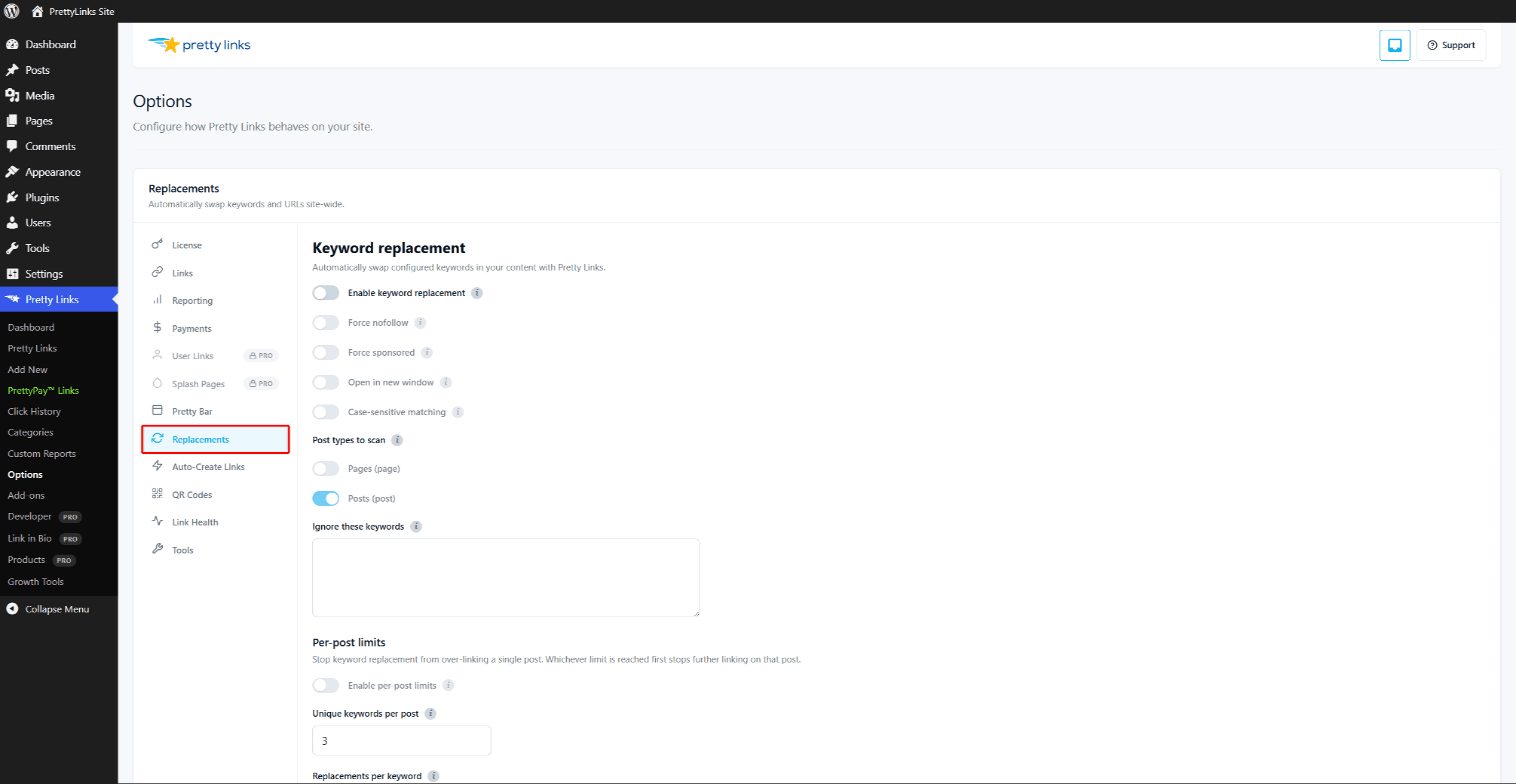 Options de Pretty Links — Onglet « Remplacements » pour le remplacement des mots-clés et des URL