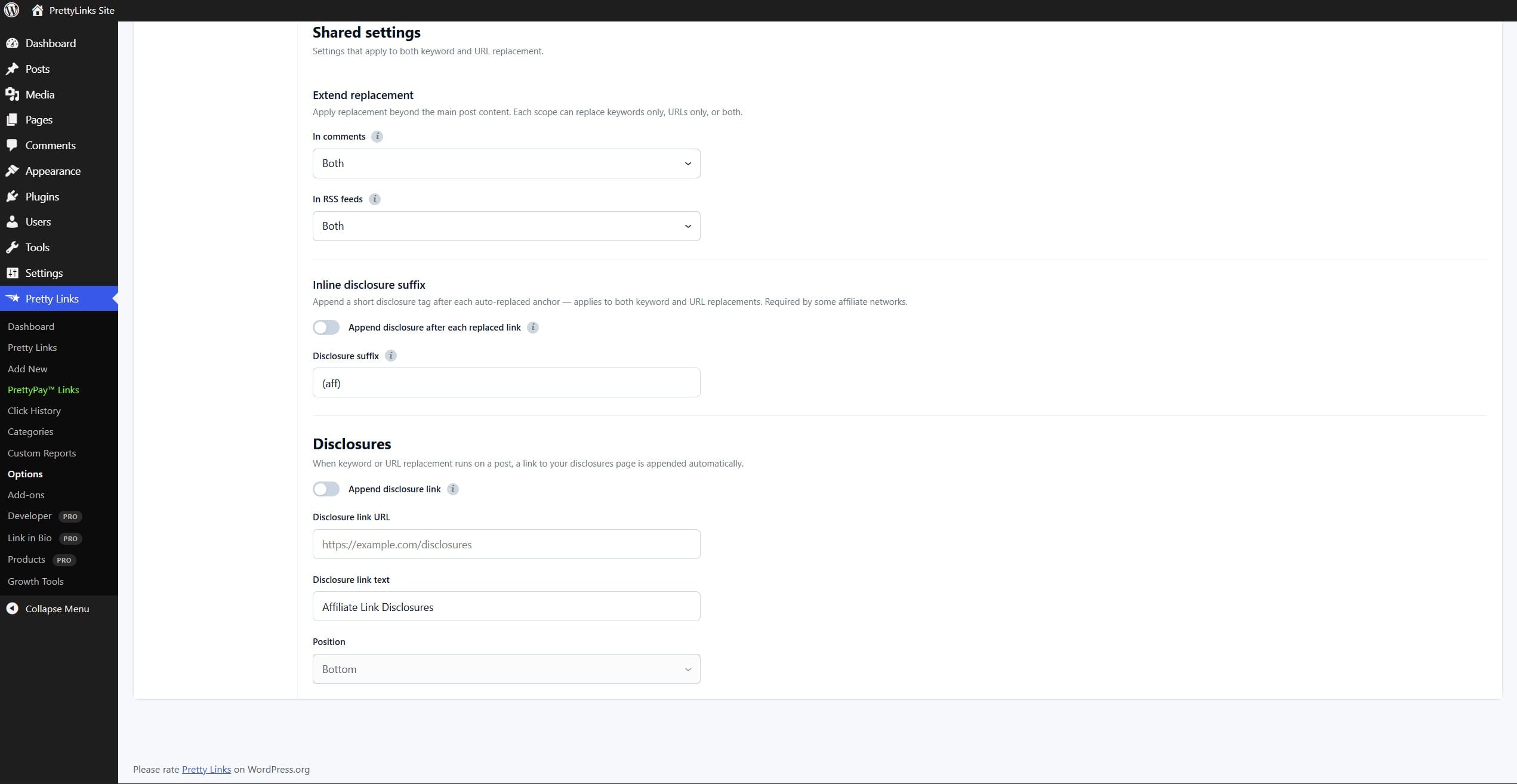Pretty Links Options — Replacements tab showing the Link to Disclosures settings