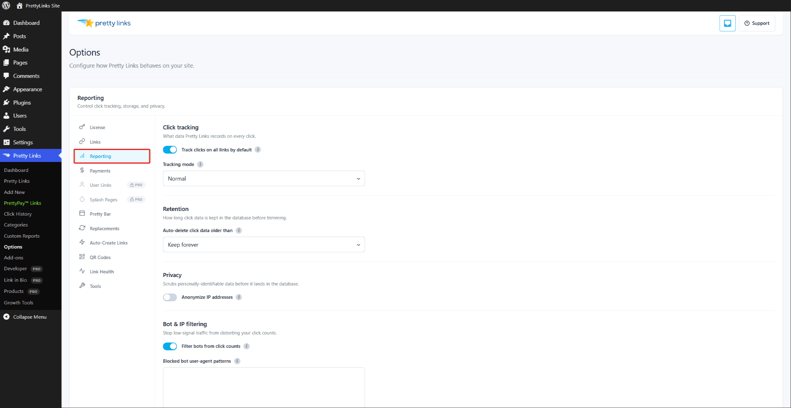 Pretty Links-Optionen – Registerkarte „Berichte“ mit Tracking-Modus und Bot-Filterung