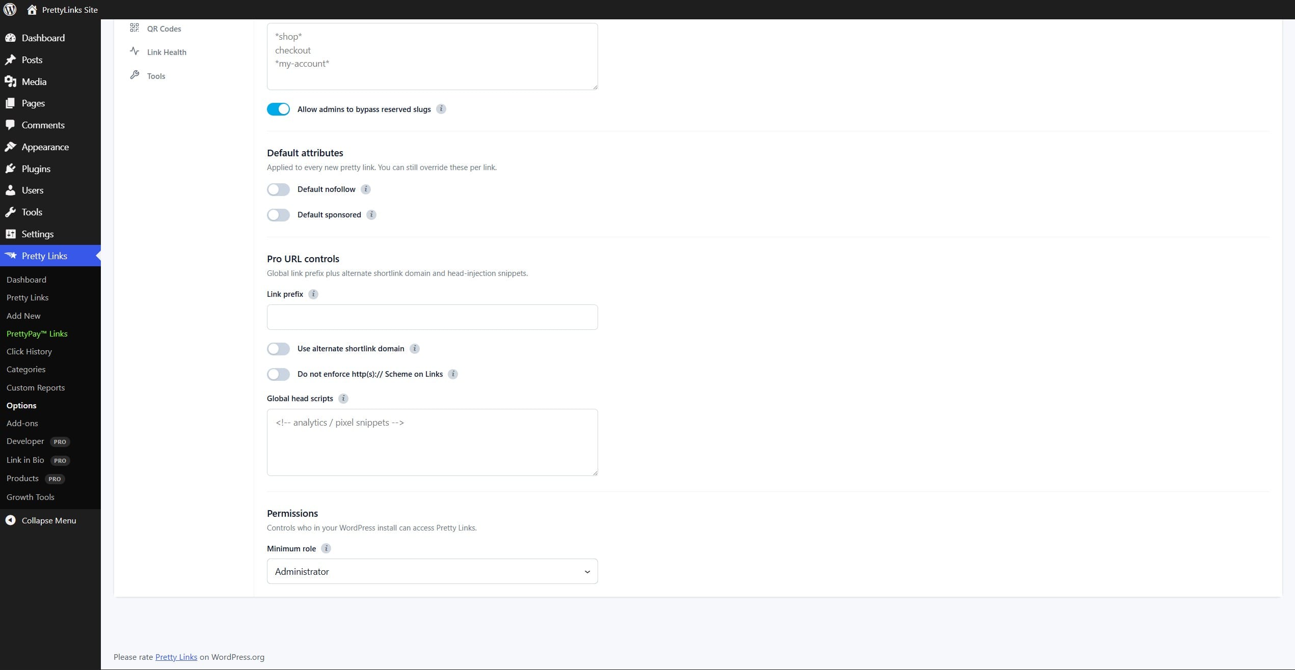 Options de Pretty Links — Paramètre du domaine de base des URL raccourcies