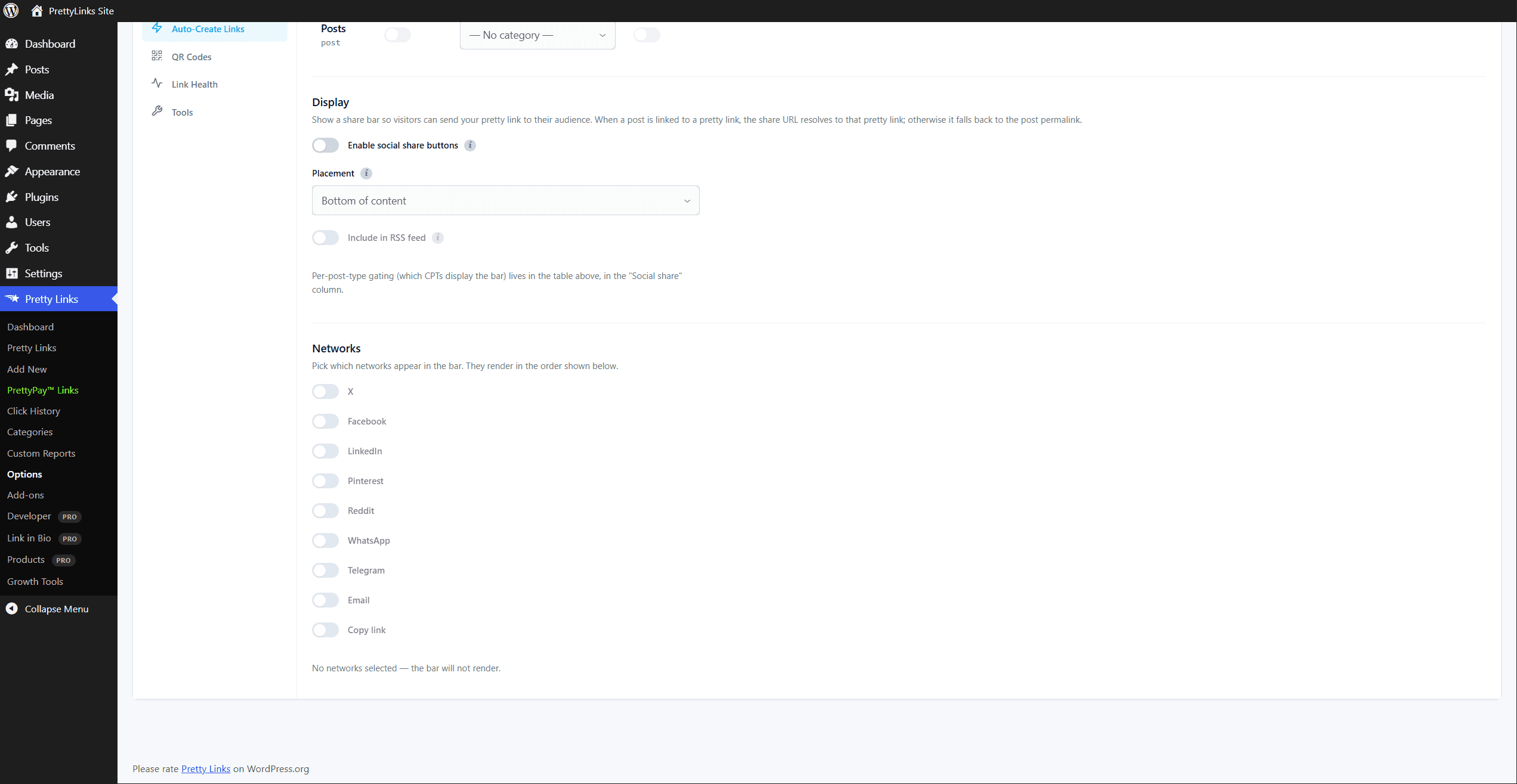 Pretty Links Options — Social buttons tab