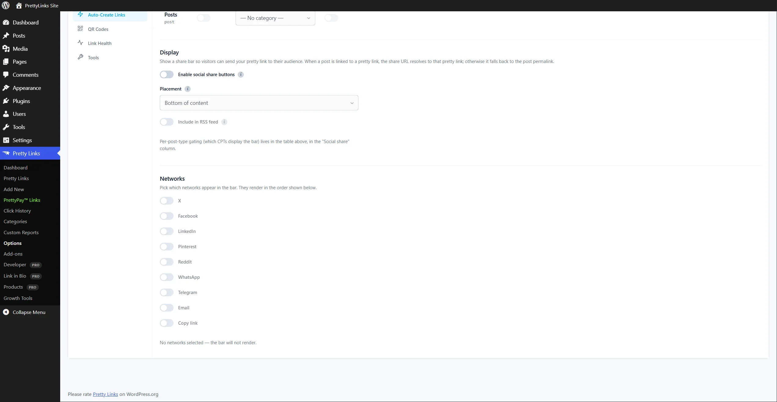 Options de Pretty Links — Onglet « Boutons sociaux »