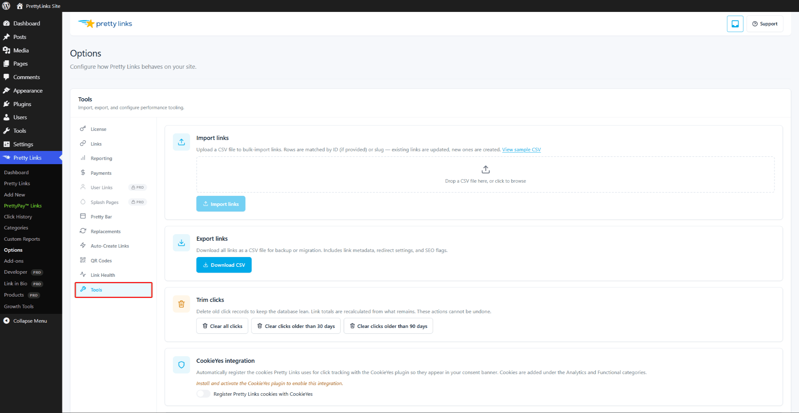 Pretty Links Options — Tools tab including bookmarklet and CSV