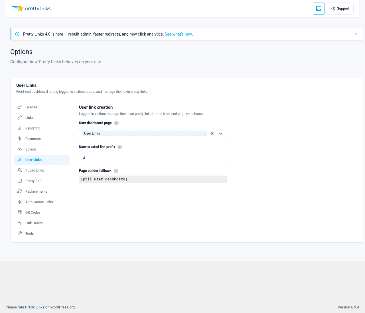 Pretty Links Options — User Links tab