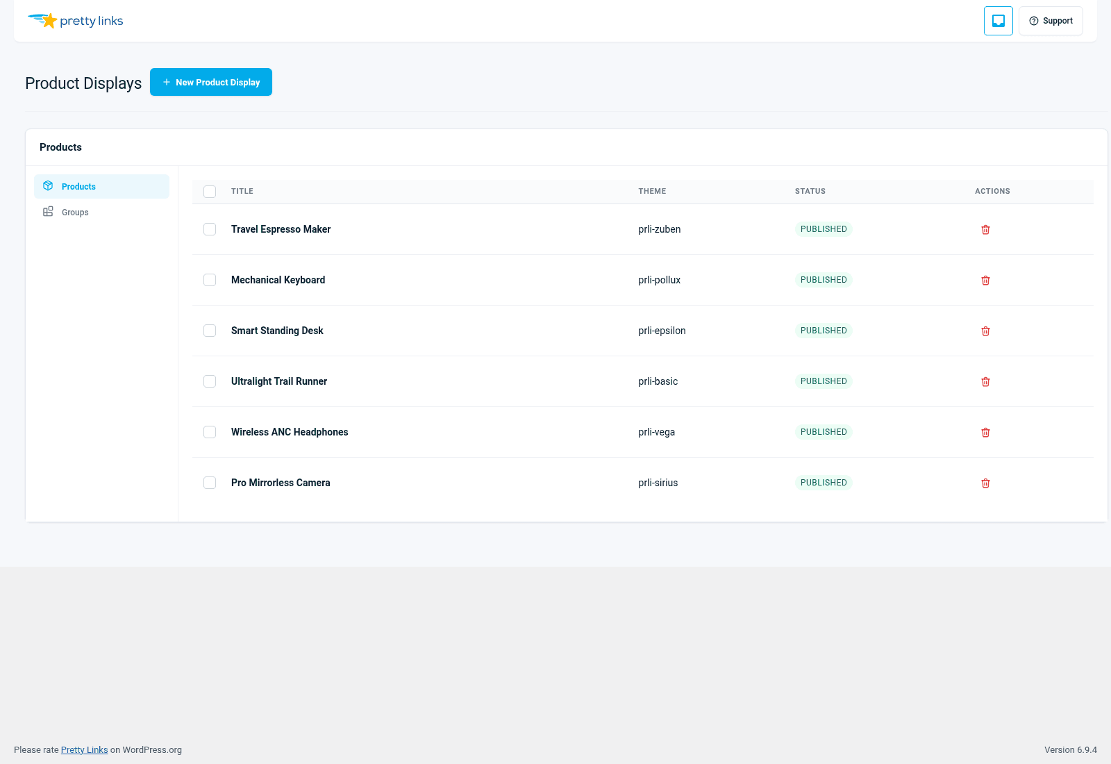 Product Displays — Products list with theme assignments