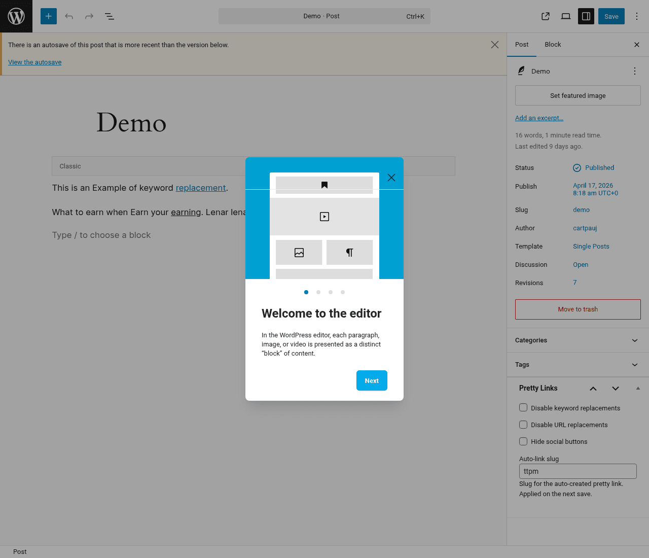 WordPress block editor with the Pretty Links inline rich-text toolbar option
