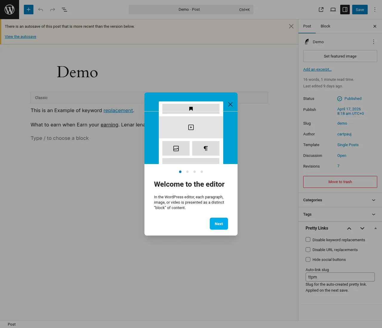 Editor de bloques de WordPress con la opción de la barra de herramientas de texto enriquecido en línea de Pretty Links