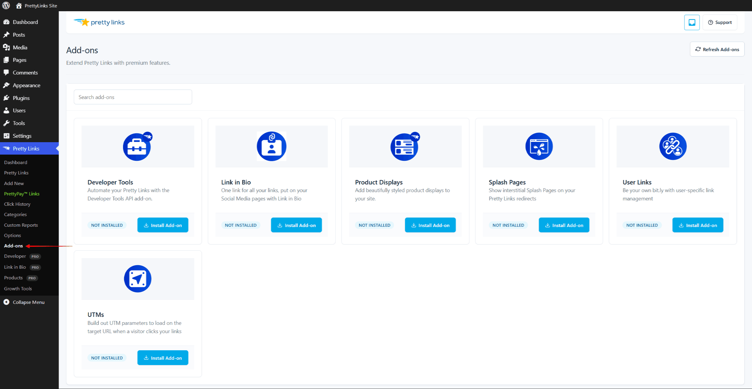 La page « Extensions Pretty Links » répertoriant les extensions disponibles