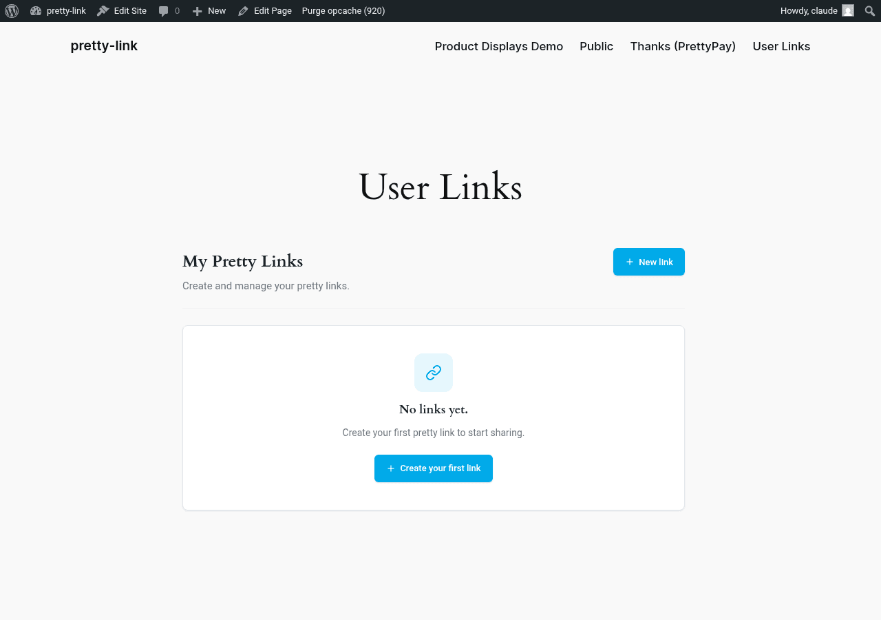 User Links front-end dashboard with empty state