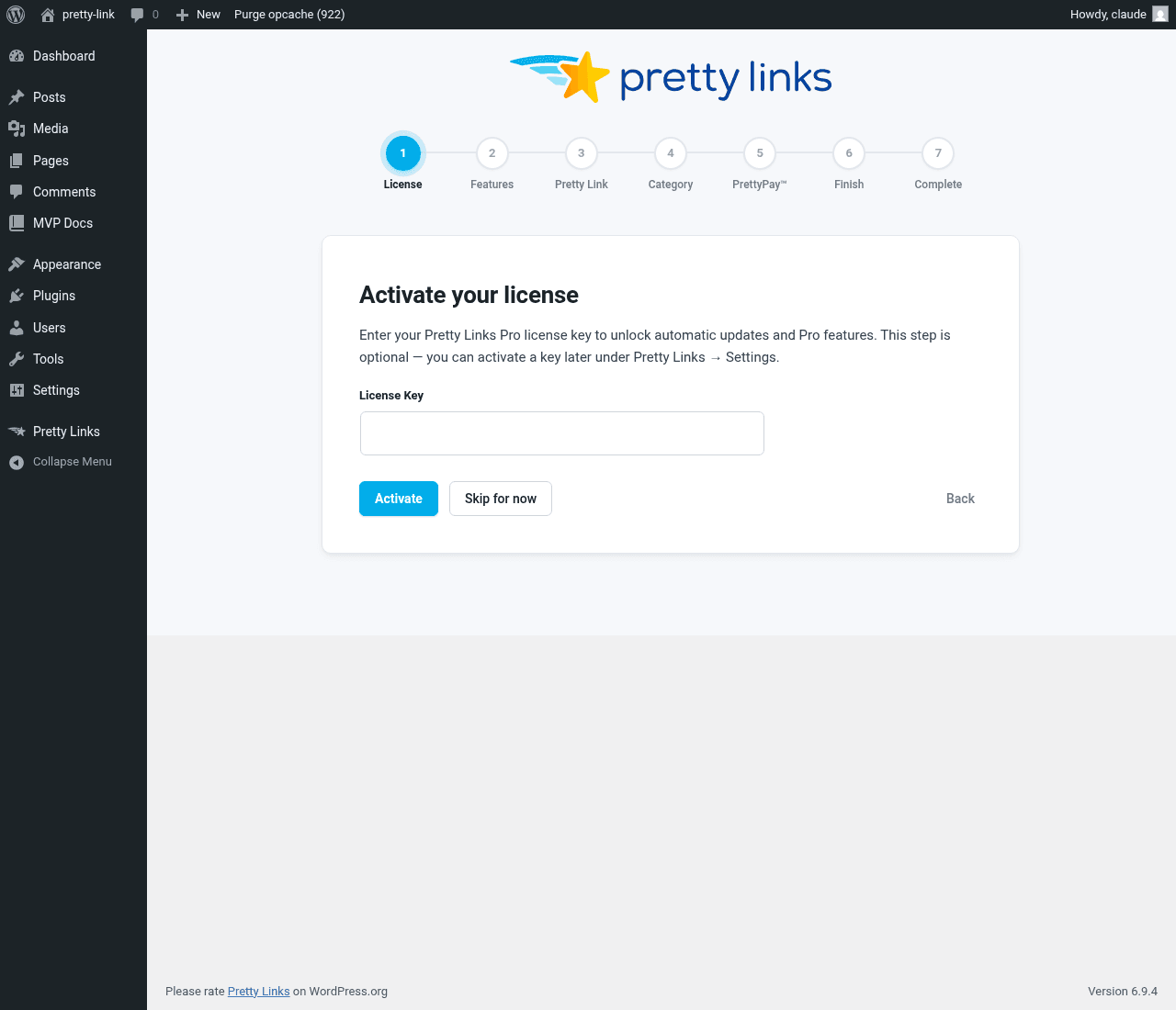Onboarding wizard — License step with 7-step progress bar