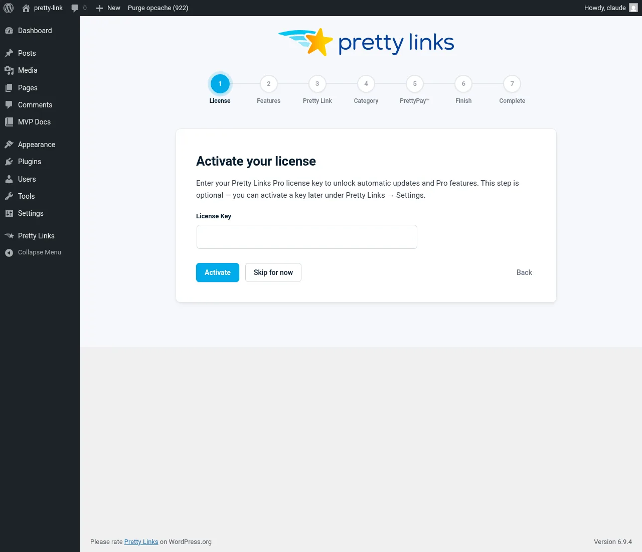 Onboarding wizard — License step with 7-step progress bar