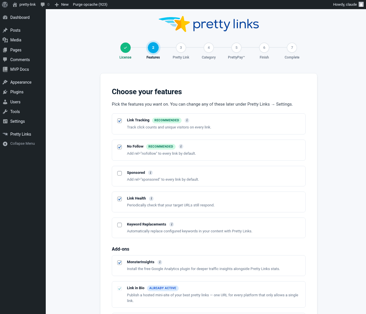 Onboarding wizard — Features step with checkboxes