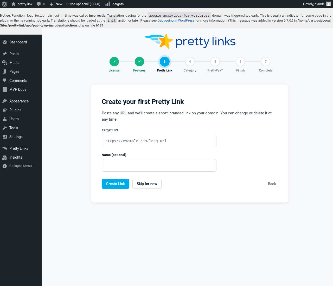 Onboarding wizard — Create your first Pretty Link step