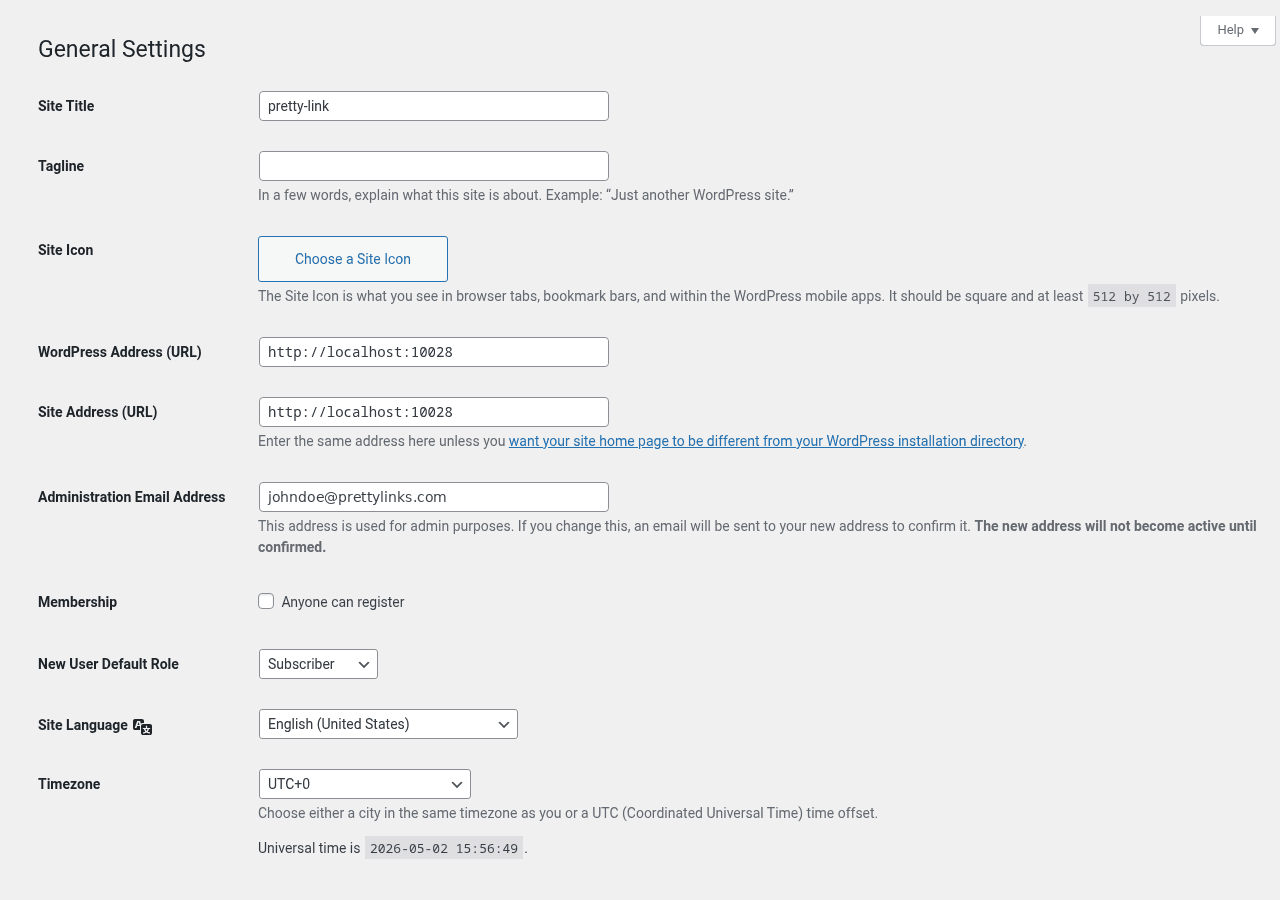 Configurações gerais do WordPress exibindo o seletor de idioma do site