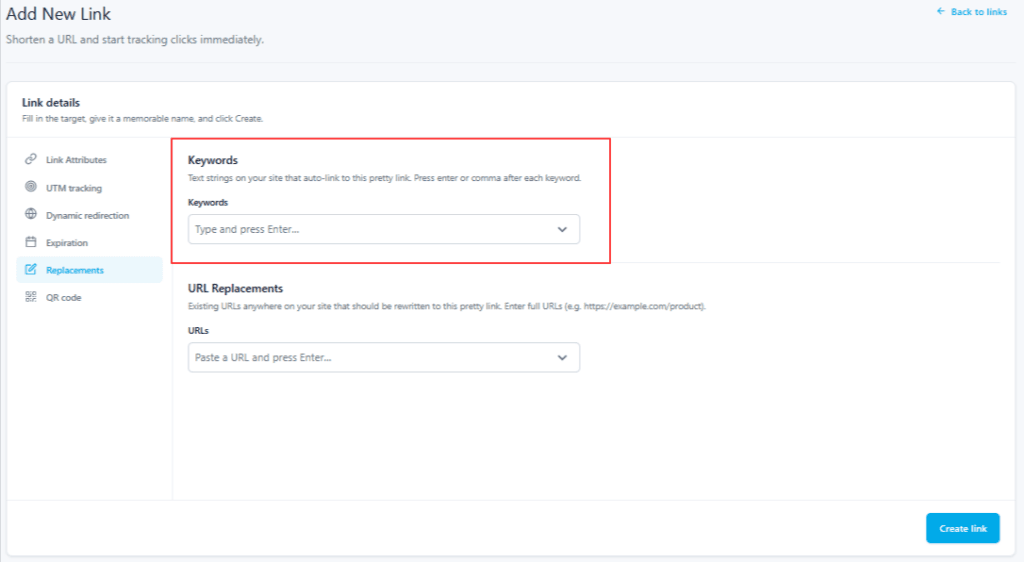 Assign your keywords to a pretty link once, and the engine takes over linking them everywhere they appear from that point on.