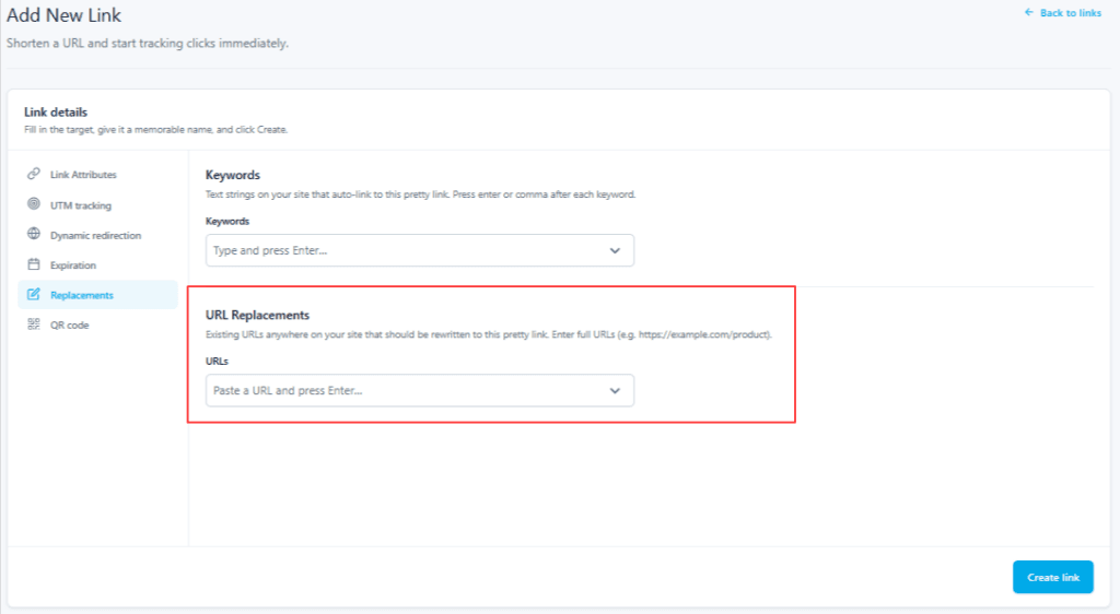 Hand over the raw URLs already sitting in your content and they start running through PrettyLinks, with the same tracking and control as the rest of your collection.