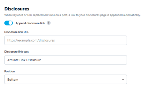 One site-wide setting decides how your disclosure reads and where it sits, so you're not making that call post by post.