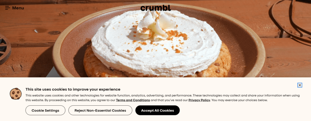 crumblcookies.com cookie consent banner example