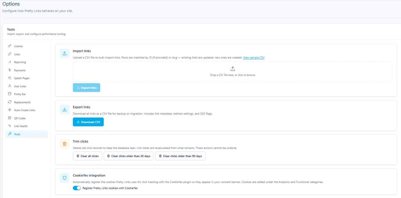 PrettyLink's CookieYes Integration Toggle On