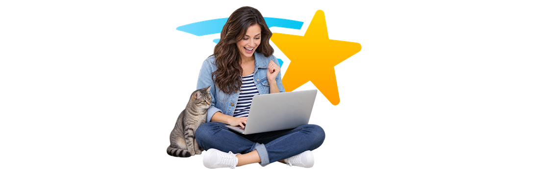 Mujer sonriente con un ordenador portátil, un gato y el logotipo de PrettyLinks